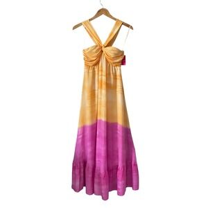 Womens Halter Maxi Dress Orange Pink Ombre Smocked Sz XS Barbiecore Boho